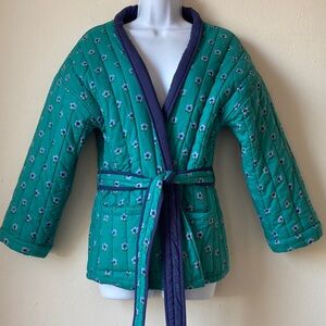 Ophelia & Indigo Cotton Quilted Reversible Jacket w/Belt Green/Navy/Floral Sz M